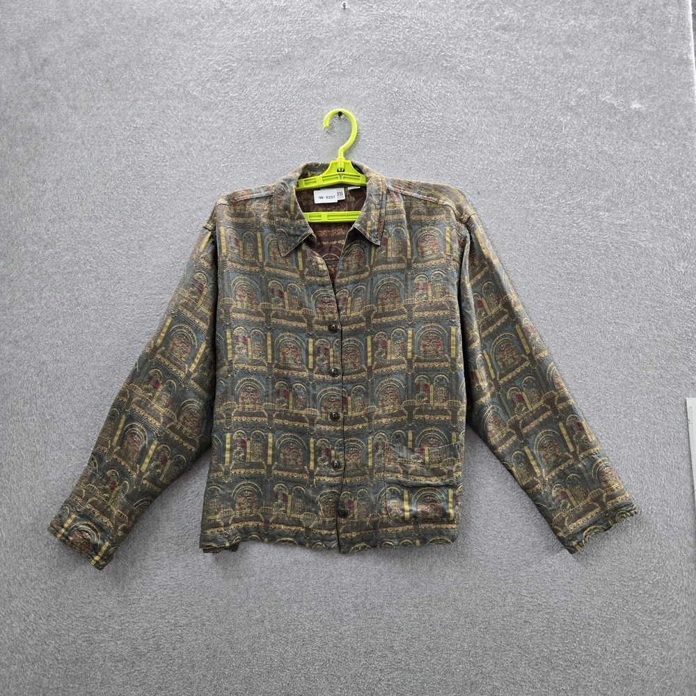Chico's Women Button Up Shirt 2 Green Rayon Silk Geometric Collared Artsy Office